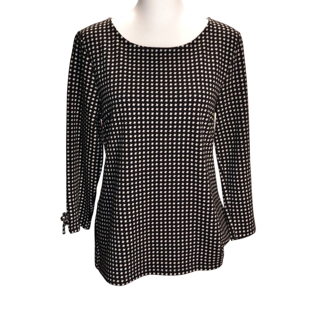 Talbots Womens Medium Black White Geometric Print‎ Long Sleeve Boat Neck Top M